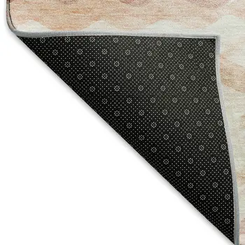 8' Peach Ivory And Beige Geometric Washable Round Rug With UV Protection