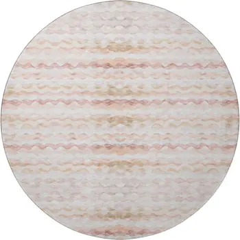 8' Peach Ivory And Beige Geometric Washable Round Rug With UV Protection