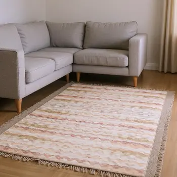 8' X 10' Peach Ivory And Beige Geometric Washable Area Rug With UV Protection