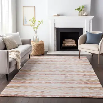 9' X 12' Peach Ivory And Beige Geometric Washable Area Rug With UV Protection