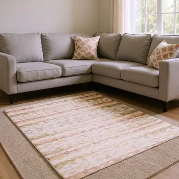 10' X 14' Peach Ivory And Beige Geometric Washable Area Rug With UV Protection