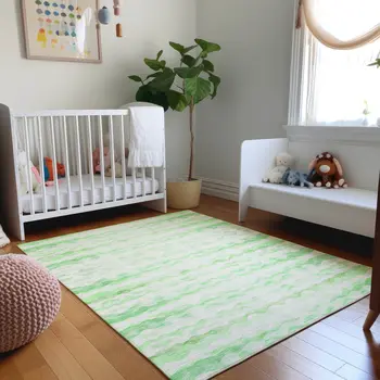 5' X 8' Green And Ivory Geometric Washable Area Rug With UV Protection