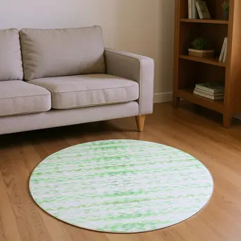 8' Green And Ivory Geometric Washable Round Rug With UV Protection