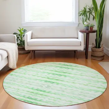 8' Green And Ivory Geometric Washable Round Rug With UV Protection