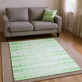 8' X 10' Green And Ivory Geometric Washable Area Rug With UV Protection