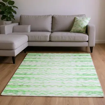 9' X 12' Green And Ivory Geometric Washable Area Rug With UV Protection