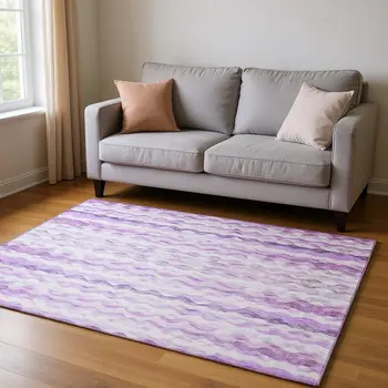 5' X 8' Purple And Ivory Geometric Washable Area Rug With UV Protection