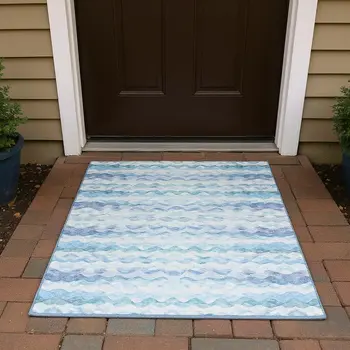 3' X 5' Blue And Ivory Geometric Washable Area Rug With UV Protection