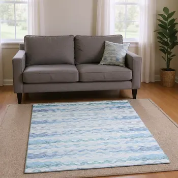 5' X 8' Blue And Ivory Geometric Washable Area Rug With UV Protection
