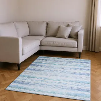 8' X 10' Blue And Ivory Geometric Washable Area Rug With UV Protection