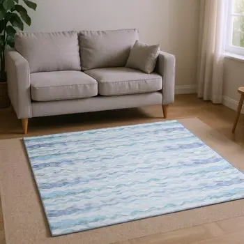 10' X 14' Blue And Ivory Geometric Washable Area Rug With UV Protection
