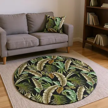 8' Midnight Green And Brown Geometric Washable Round Rug With UV Protection