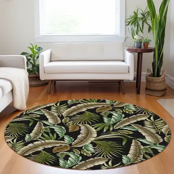 8' Midnight Green And Brown Geometric Washable Round Rug With UV Protection