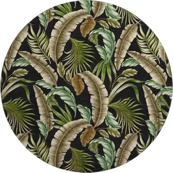 8' Midnight Green And Brown Geometric Washable Round Rug With UV Protection