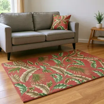 5' X 8' Cinnamon Green And Brown Geometric Washable Area Rug With UV Protection