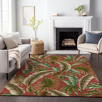 5' X 8' Cinnamon Green And Brown Geometric Washable Area Rug With UV Protection