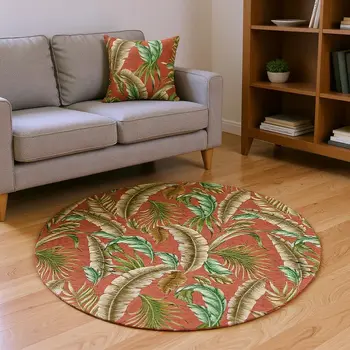 8' Cinnamon Green And Brown Geometric Washable Round Rug With UV Protection