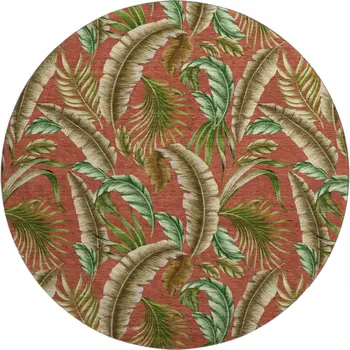 8' Cinnamon Green And Brown Geometric Washable Round Rug With UV Protection
