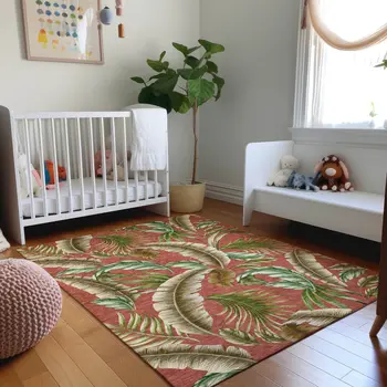 9' X 12' Cinnamon Green And Brown Geometric Washable Area Rug With UV Protection