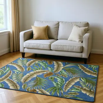 5' X 8' Blue Green And Brown Geometric Washable Area Rug With UV Protection