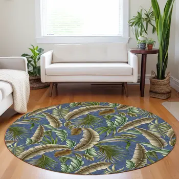 8' Blue Green And Brown Geometric Washable Round Rug With UV Protection