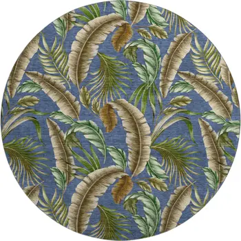 8' Blue Green And Brown Geometric Washable Round Rug With UV Protection
