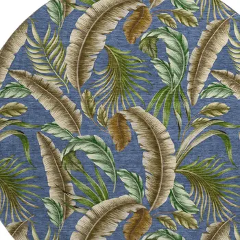 8' Blue Green And Brown Geometric Washable Round Rug With UV Protection