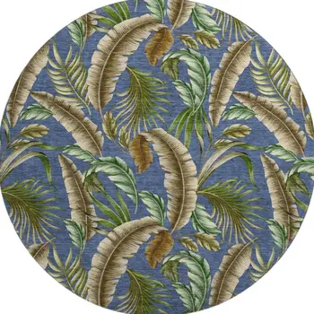 8' Blue Green And Brown Geometric Washable Round Rug With UV Protection