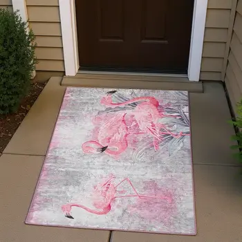 3' X 5' Pink Charcoal And Ivory Geometric Washable Area Rug With UV Protection