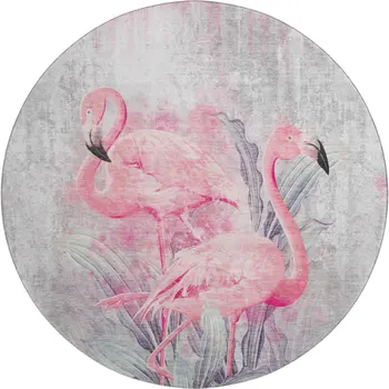 8' Pink Charcoal And Ivory Geometric Washable Round Rug With UV Protection