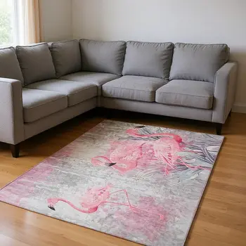 8' X 10' Pink Charcoal And Ivory Geometric Washable Area Rug With UV Protection