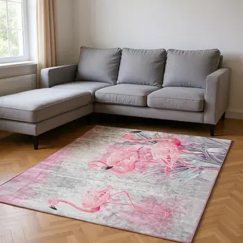 9' X 12' Pink Charcoal And Ivory Geometric Washable Area Rug With UV Protection