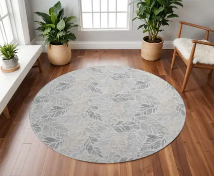 8' Light Gray Taupe And Charcoal Geometric Washable Round Rug With UV Protection