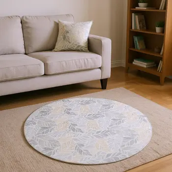 8' Light Gray Taupe And Charcoal Geometric Washable Round Rug With UV Protection