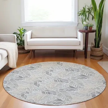 8' Light Gray Taupe And Charcoal Geometric Washable Round Rug With UV Protection