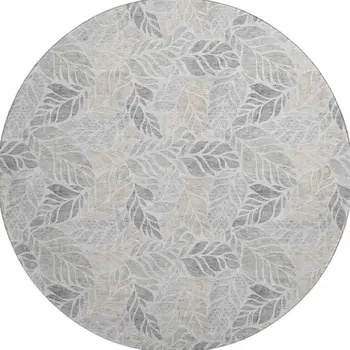 8' Light Gray Taupe And Charcoal Geometric Washable Round Rug With UV Protection