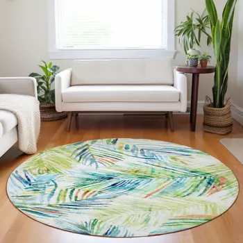 8' Rainbow And Ivory Geometric Washable Round Rug With UV Protection