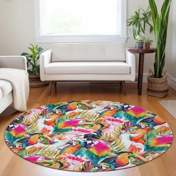 8' Rainbow And Ivory Geometric Washable Round Rug With UV Protection