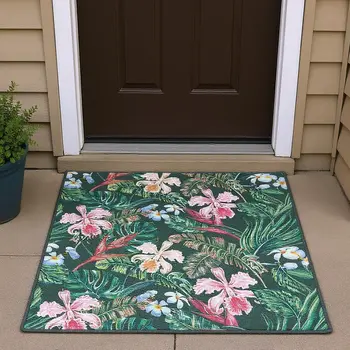3' X 5' Midnight Green And Pink Geometric Washable Area Rug With UV Protection