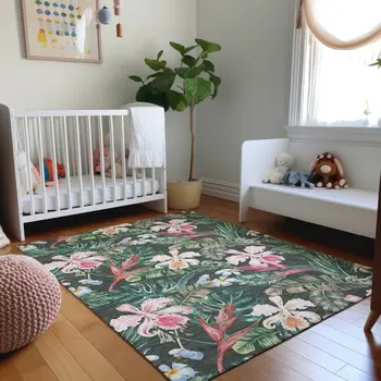 3' X 5' Midnight Green And Pink Geometric Washable Area Rug With UV Protection