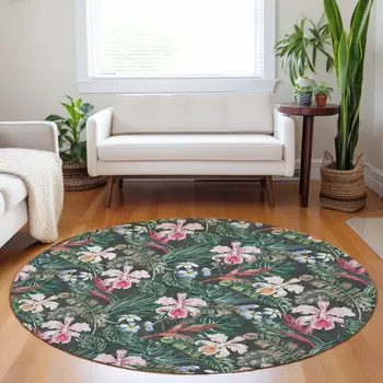 8' Midnight Green And Pink Geometric Washable Round Rug With UV Protection