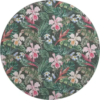 8' Midnight Green And Pink Geometric Washable Round Rug With UV Protection