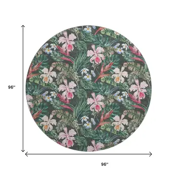 8' Midnight Green And Pink Geometric Washable Round Rug With UV Protection