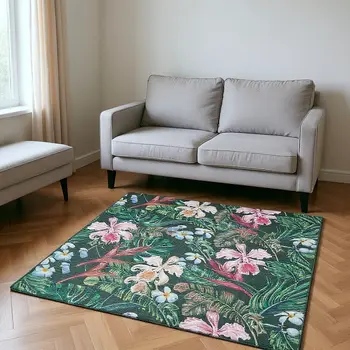 8' X 10' Midnight Green And Pink Geometric Washable Area Rug With UV Protection