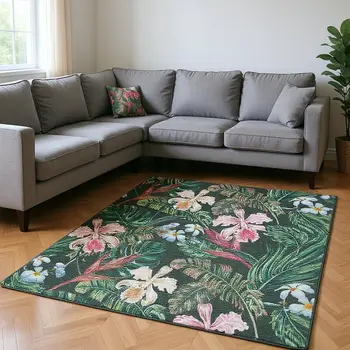 9' X 12' Midnight Green And Pink Geometric Washable Area Rug With UV Protection