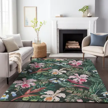 9' X 12' Midnight Green And Pink Geometric Washable Area Rug With UV Protection