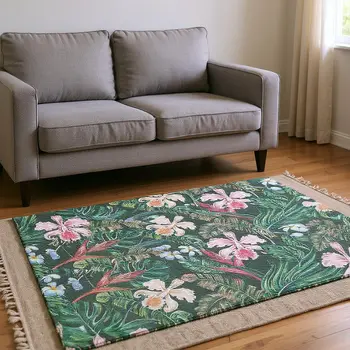 10' X 14' Midnight Green And Pink Geometric Washable Area Rug With UV Protection
