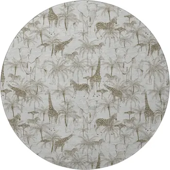 8' Light Gray And Brown Geometric Washable Round Rug With UV Protection