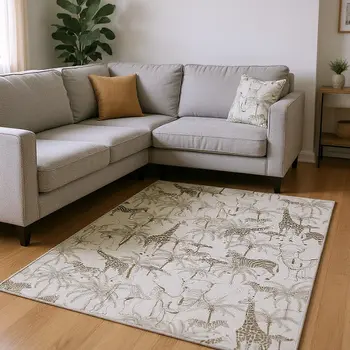 8' X 10' Light Gray And Brown Geometric Washable Area Rug With UV Protection