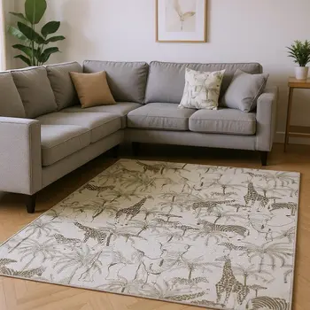 9' X 12' Light Gray And Brown Geometric Washable Area Rug With UV Protection